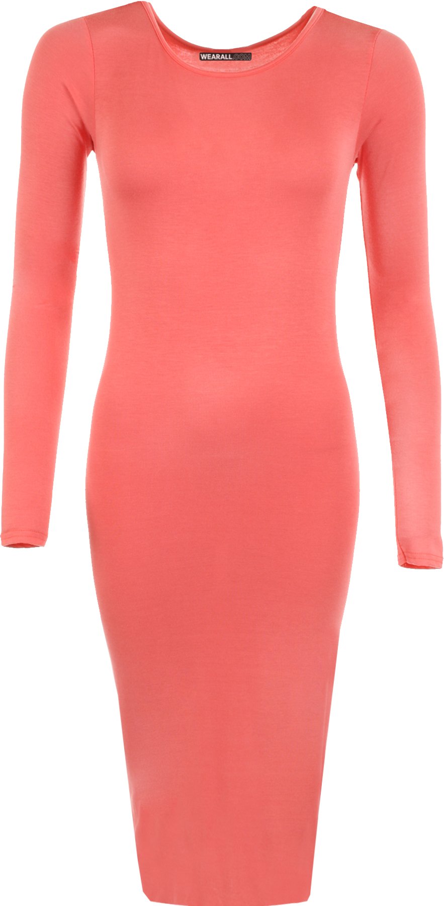 Wearall Women's Coral Bodycon Stretch Plain Long Sleeve Round Neck Midi Dress - 8/10
