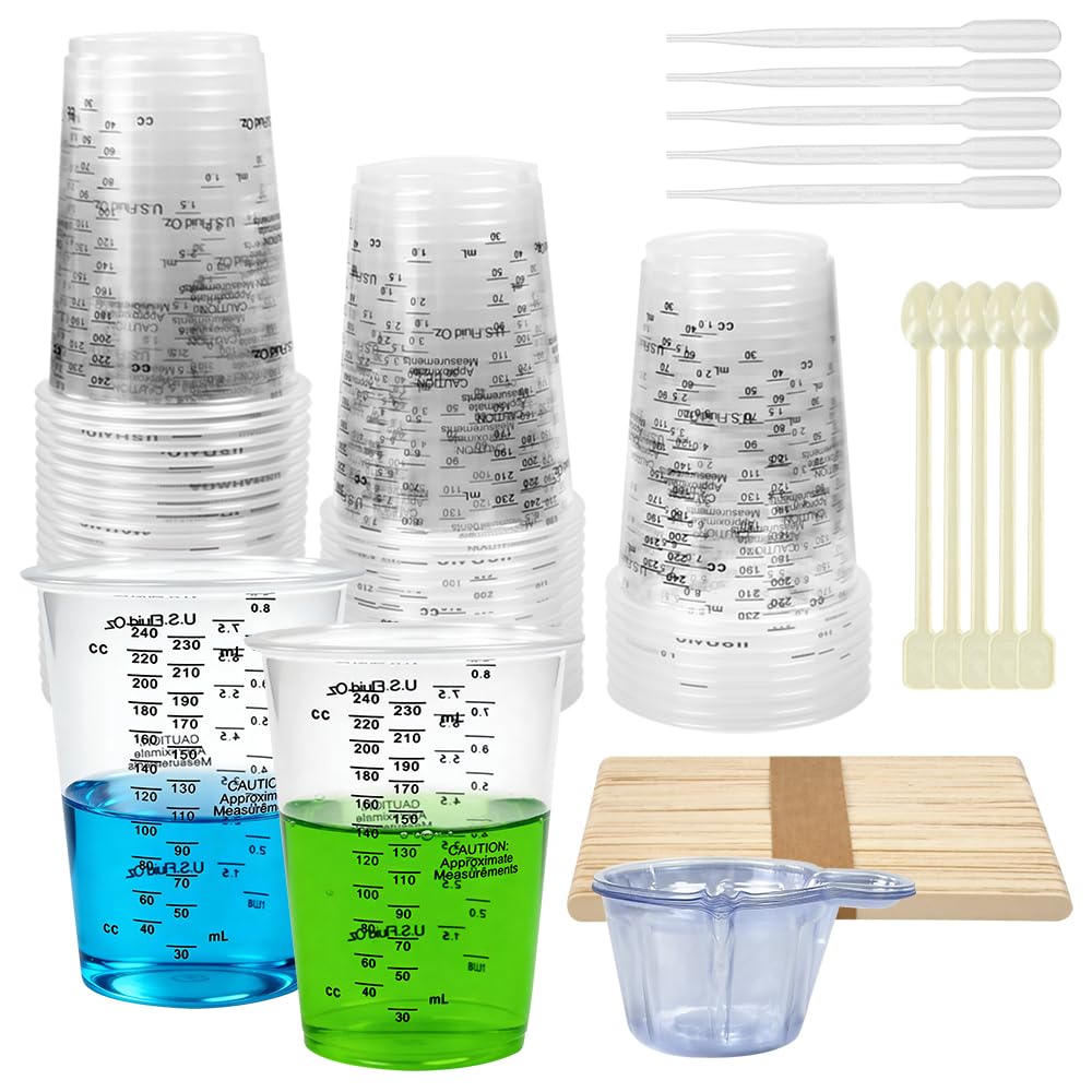 Vurixfo 50 Pcs Epoxy Resin Mixing Cups, 8oz Resin Measuring Cup Plastic Graduated Cups with Stirrers Sticks, 40ml Paint Mixing Cup & Pipette for Precise Dosing Liquids Resin Pigment, 240ml