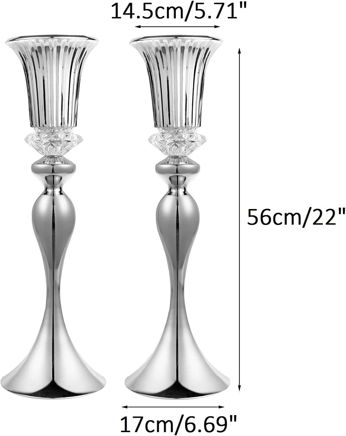 LANLONG Silver Metal Trumpet Vase, 22in Wedding Reception Centerpiece, 2Pcs Set, with Crystal Bead for Home Decor