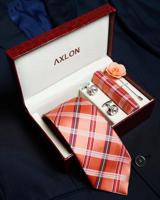 Image of Axlon Tie for Men - Micro Silk Neck Ties Set with Cufflinks Flower Pin, Pocket Square & Black Gift Box, Combo Necktie Sets for Office Wear, Formal Suits & Weddings (0, Checkpn)