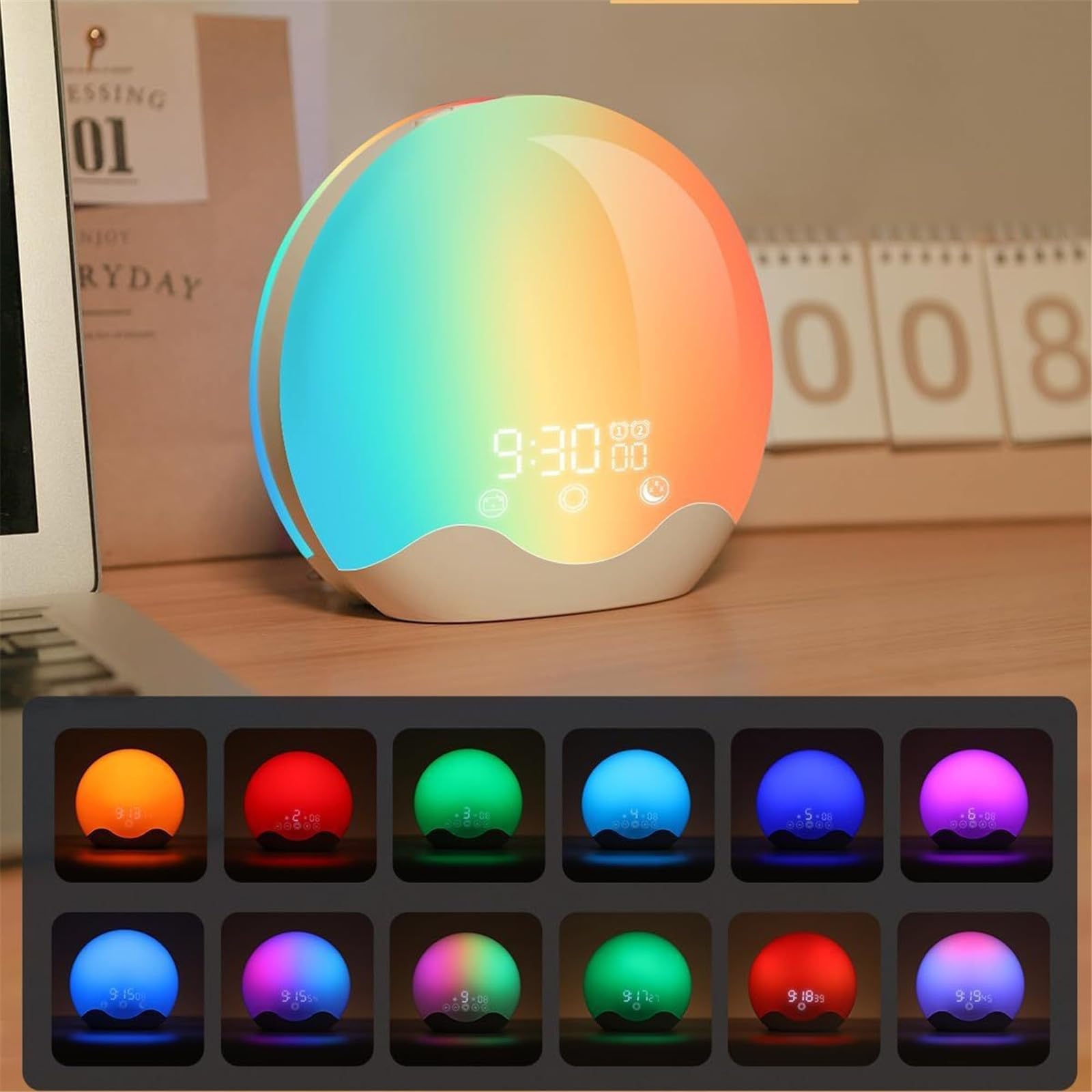 Despertador Digital LED con función de Amanecer, Control táctil, 6 Sonidos Naturales y 12 Efectos de iluminación degradados, lámpara de Noche