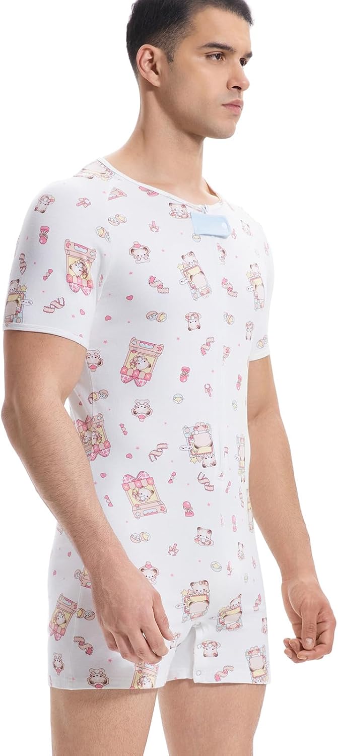 Landofgenie Men's Short Sleeve Onesie Pajamas Adult Romper One Piece Crotch Sleepwear
