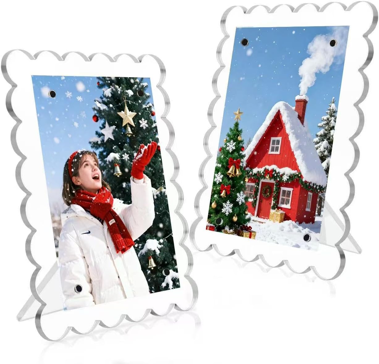 3 PACK 4 x 6 Picture Frame，Acrylic Clear Scalloped Photo Frame with Magnetic Holder for Vertical and Horizontal, Magnetic Picture Frames for Refrigerator and Desktop Display