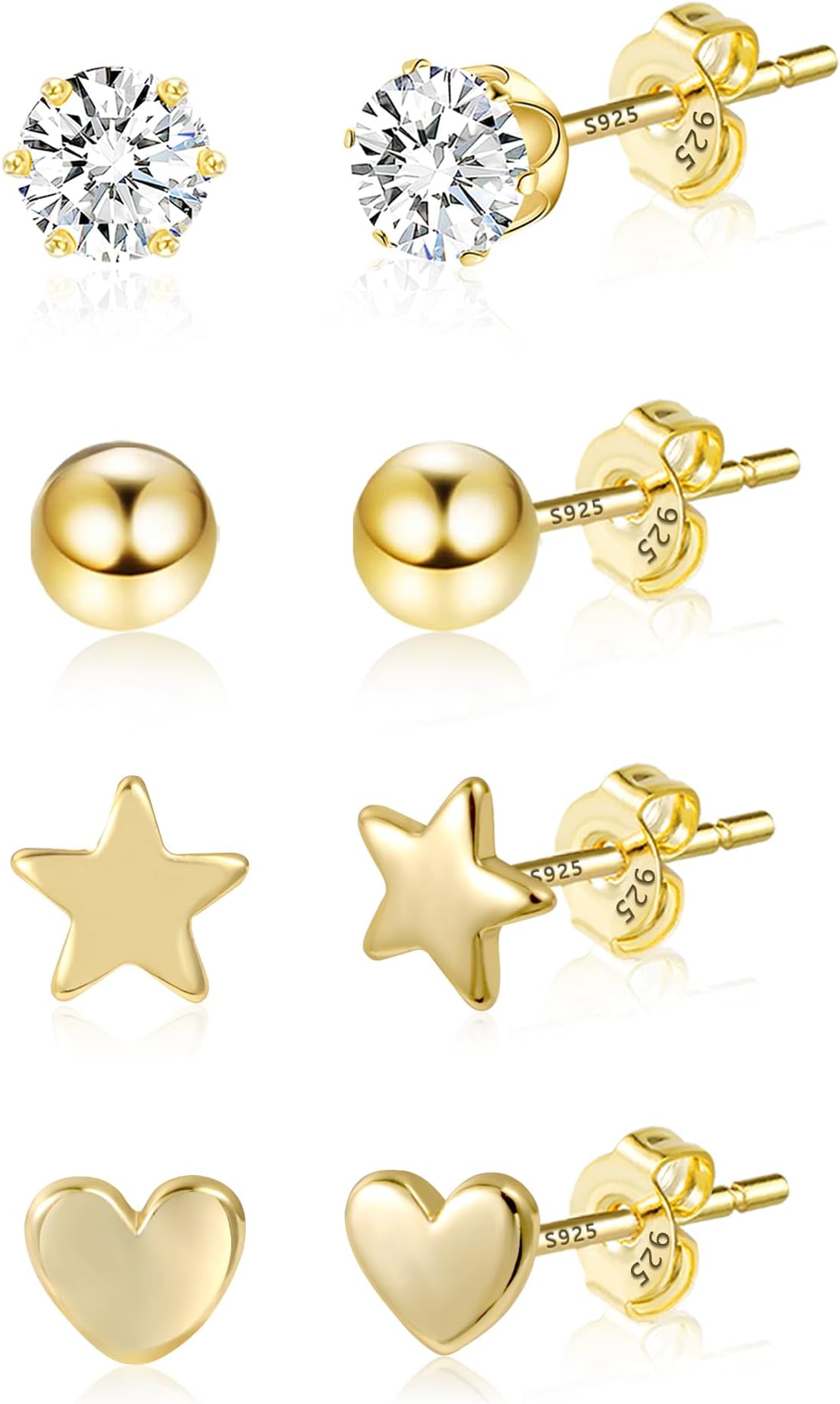 4 Pairs Studs Earrings Set 925 Sterling Silver Small Studs Earrings Silver Multipack Cartilage Piercing Earrings Tiny Mini Zircon Stars Ball Heart Pearl Studs Earrings for Women