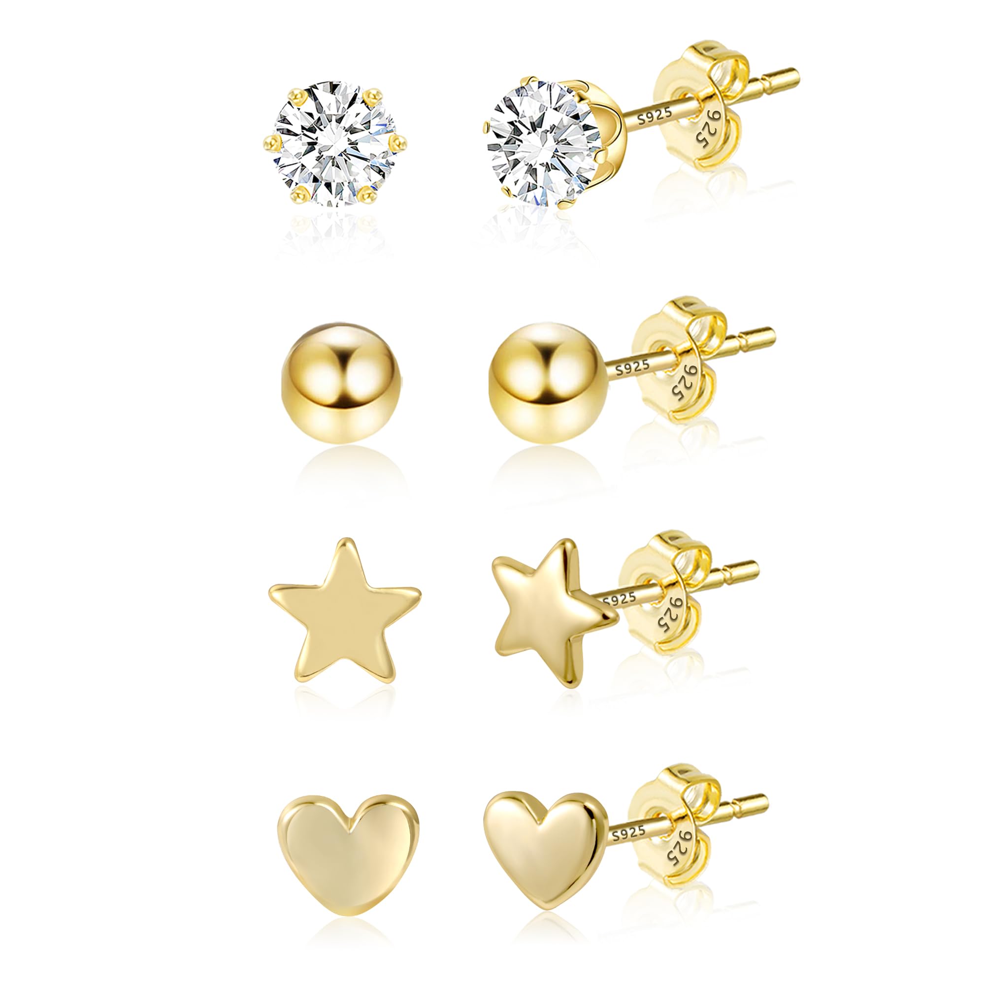 4 Pairs Studs Earrings Set 925 Sterling Silver Small Studs Earrings Silver Multipack Cartilage Piercing Earrings Tiny Mini Zircon Stars Ball Heart Pearl Studs Earrings for Women