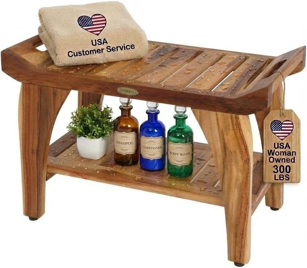 EcoDecors 30 Inch Tranquility Natural Color Waterproof Teak Wood Shower Bench Stool Seat Chair For Inside Shower Storage Shelf Provides Safety, Storage, and Organization For Bathroom Accessories