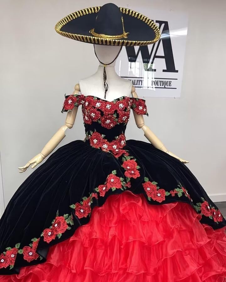 Black Velvet Ruffle Organza Quinceanera Dresses 3D Flowers Beaded Sweet 15 16 Dresses Off Shoulder Puffy Prom Dresses4