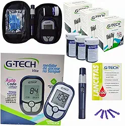 Kit Medidor de Glicose Completo G-Tech Vita Com 160 Tiras + 110 Lancetas E Caneta Lancetadora - Glicosímetro Glicemia