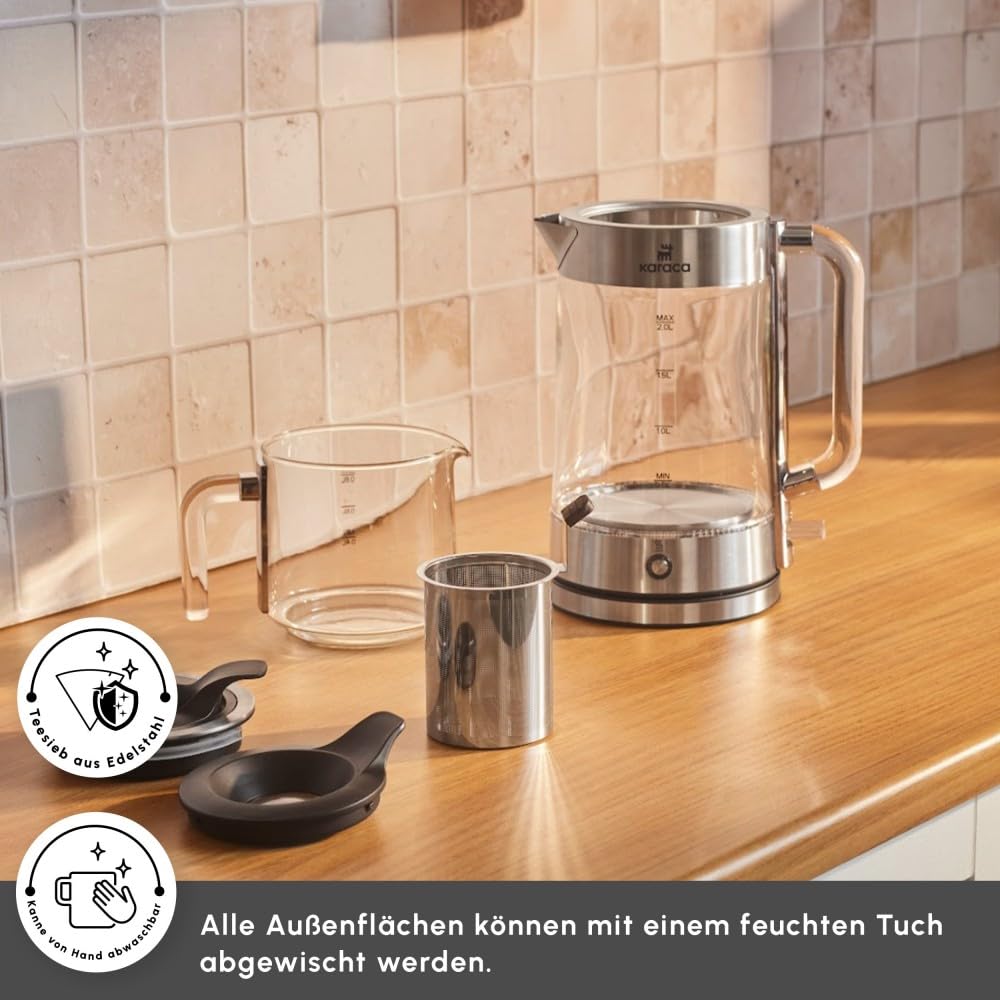 Karaca Luma Glas-Teemaschine, 2200W – 0,8L Teekanne & 2L Wasserkocher, Warmhaltefunktion, LED-Beleuchtung, 30 Gläser/13 Tassen Kapazität, Glasdesign mit Griffen