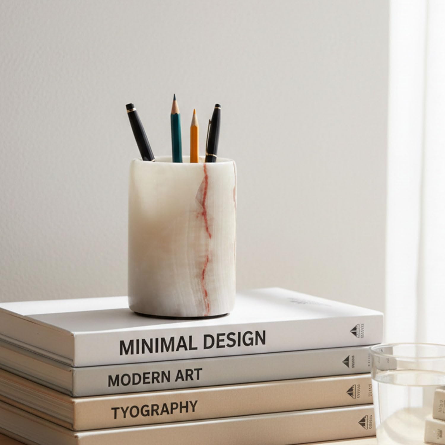 Radicaln Marble Pen Holder For Desk 4" Inches White Onyx Handmade Makeup Brush Cup for Girls, Bathroom Tumbler Cup, Durable Office & Home Organizer Pencil Holder