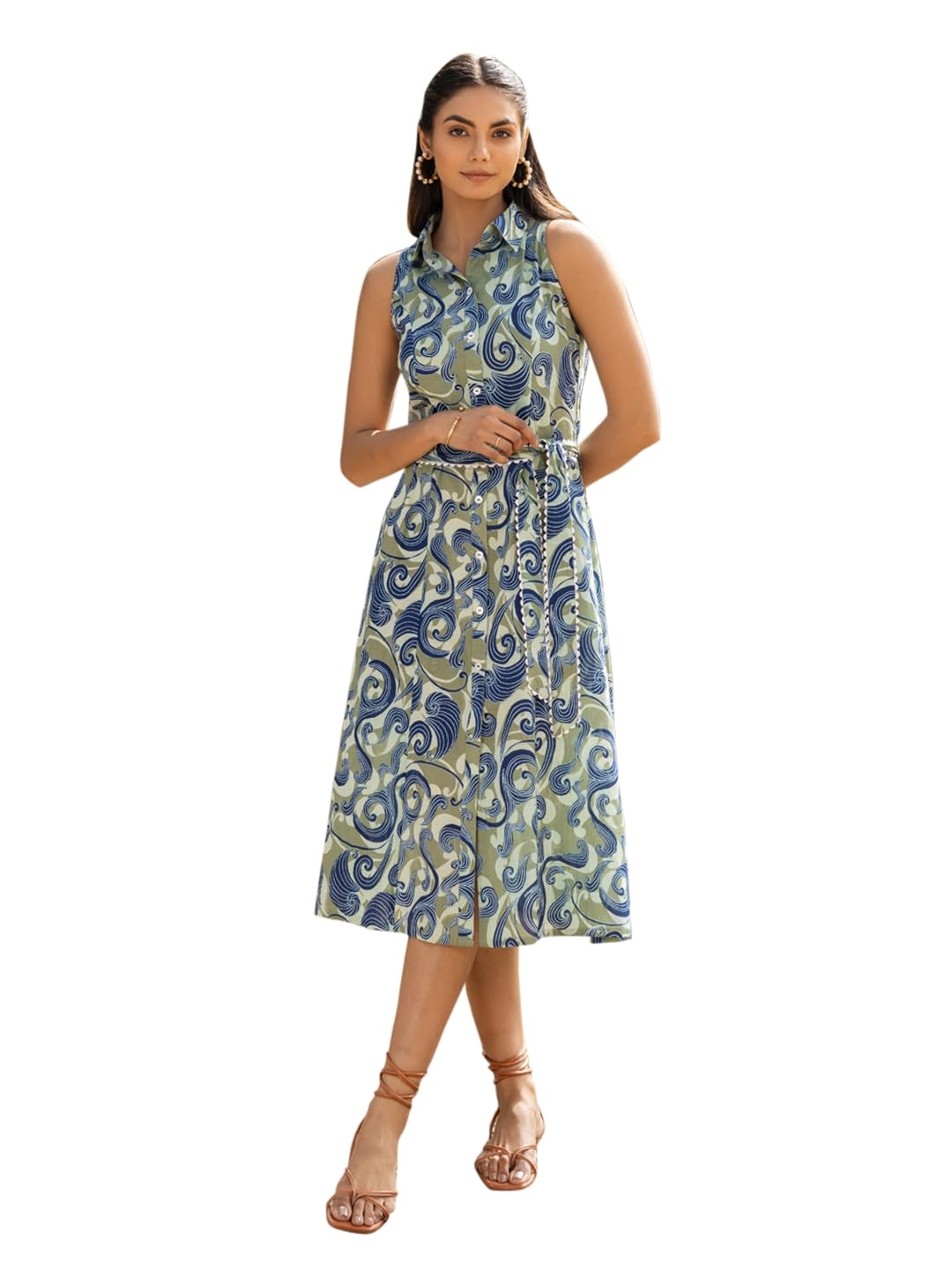 fiorra Women Fit & Flare Olive Green Abstract Print Cotton Midi Dress-picture-46