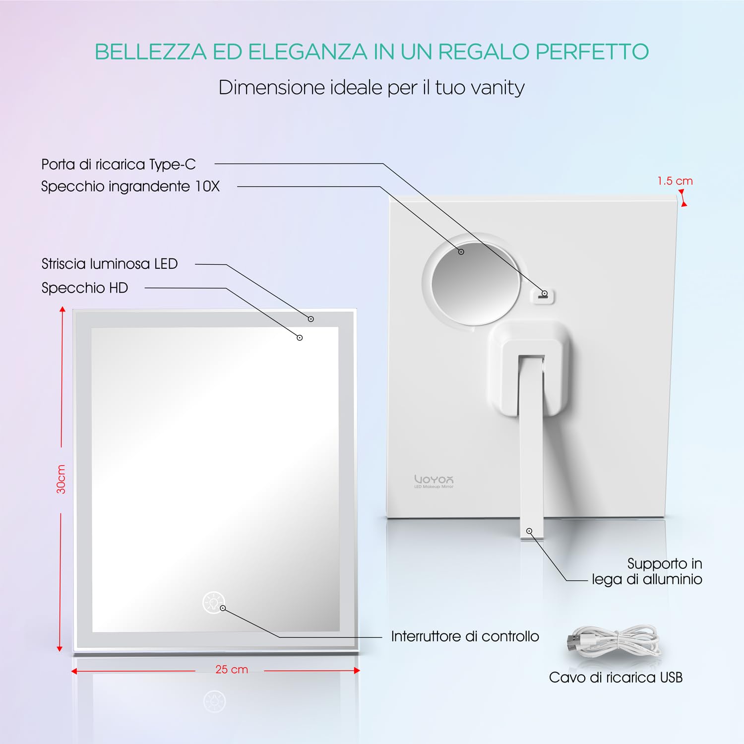 VOYOR Specchio Trucco con Luci, 30 x 25 cm Specchio Ricaricabile con 3 Modalità Luce, Touch Intelligente, Ingrandimento 10X, Specchio LED per Toeletta, Scrivania e Camera da Letto, Bianco