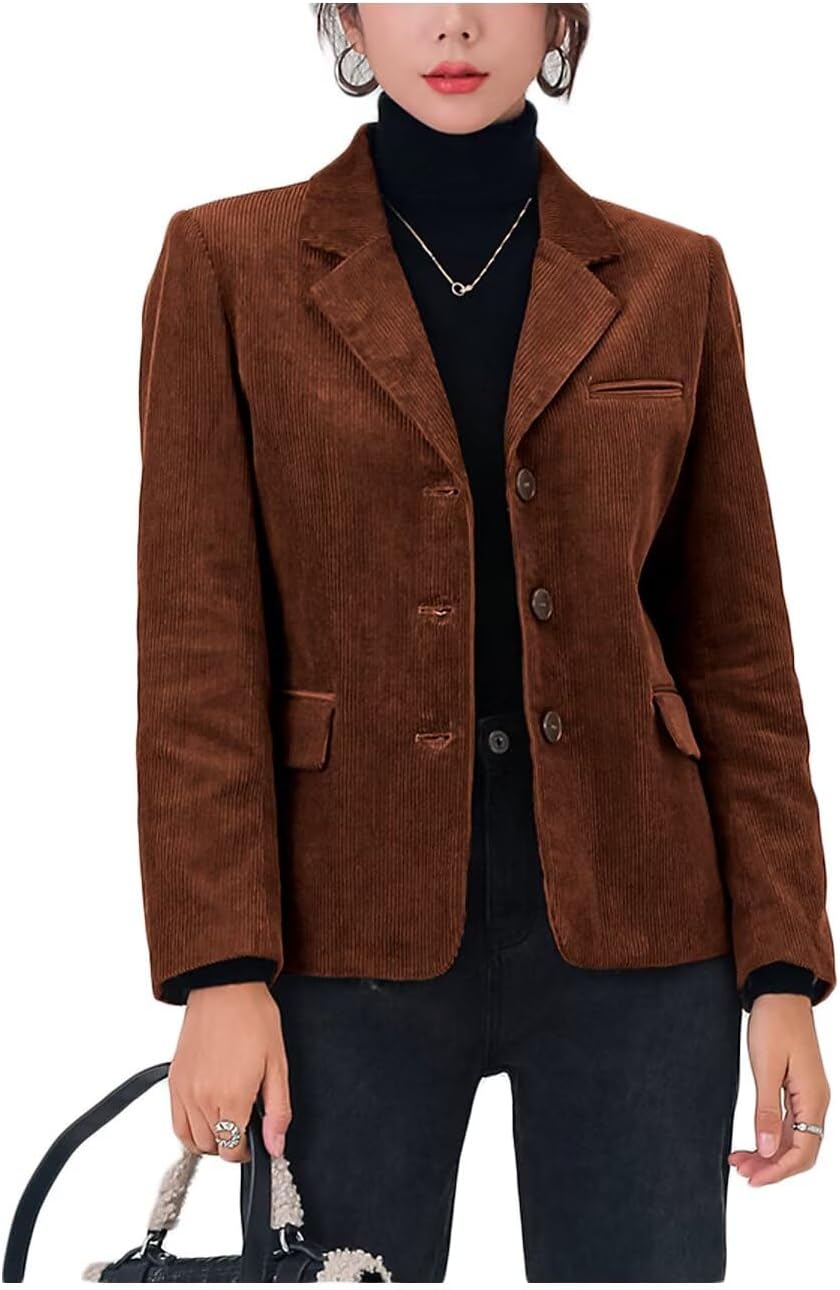 Corduroy Casual Blazer for Women's Lapel Collar Button Front Long Sleeve Vintage Business Jacket
