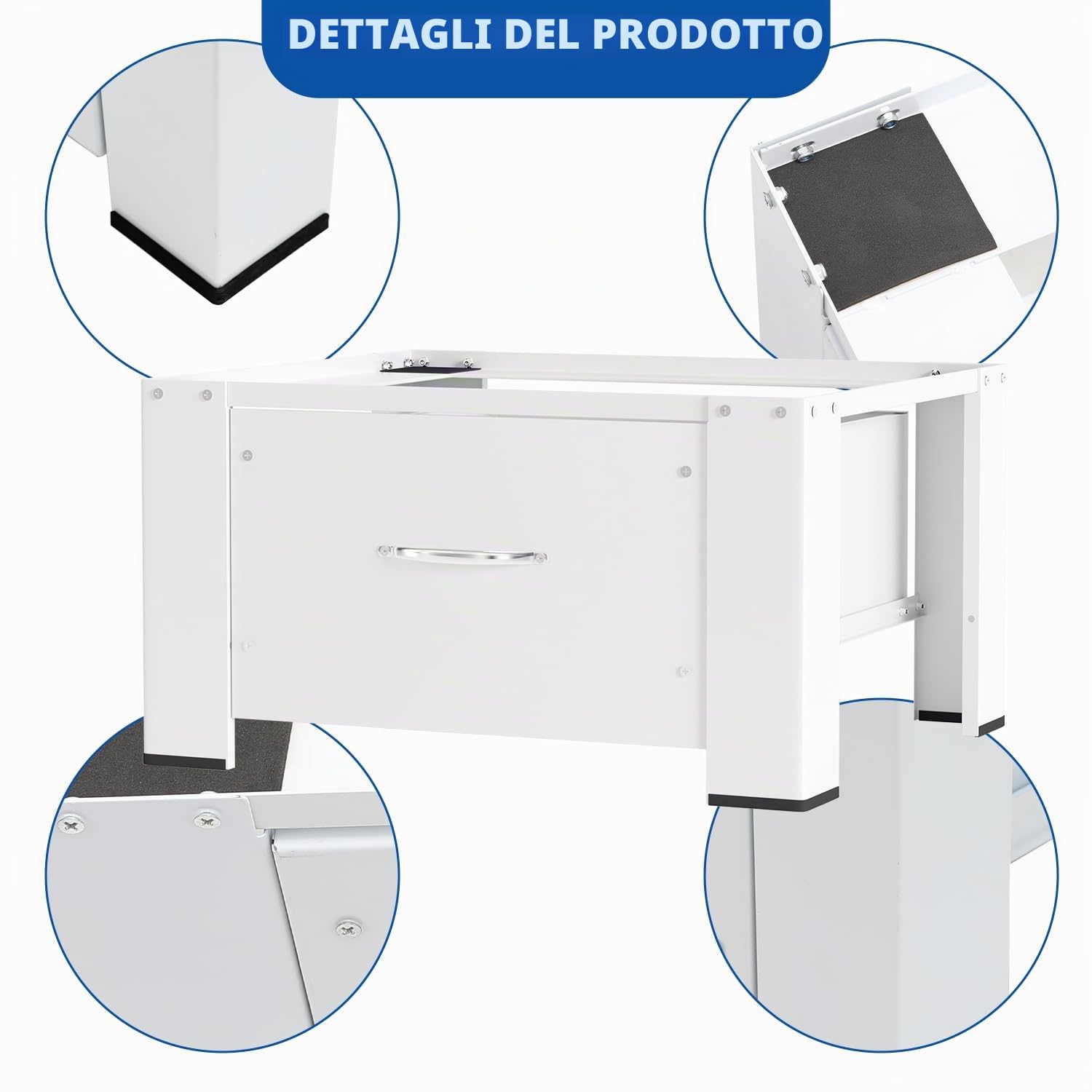 Base per lavatrice con cassetto, 62,5 x 54,5 x 32,5 cm, base per lavatrice, base in acciaio, base per lavatrice fino a 150 kg, colore bianco