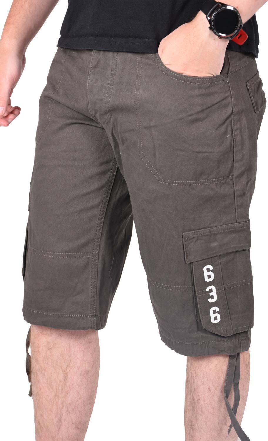 True Face Men's Charcoal Shorts Cargo Pockets Denim Combat Chino Button Up Flat Front Army Workwear Knee Length Straight Leg Casual Summer Work Half Pants Bottom Size 32