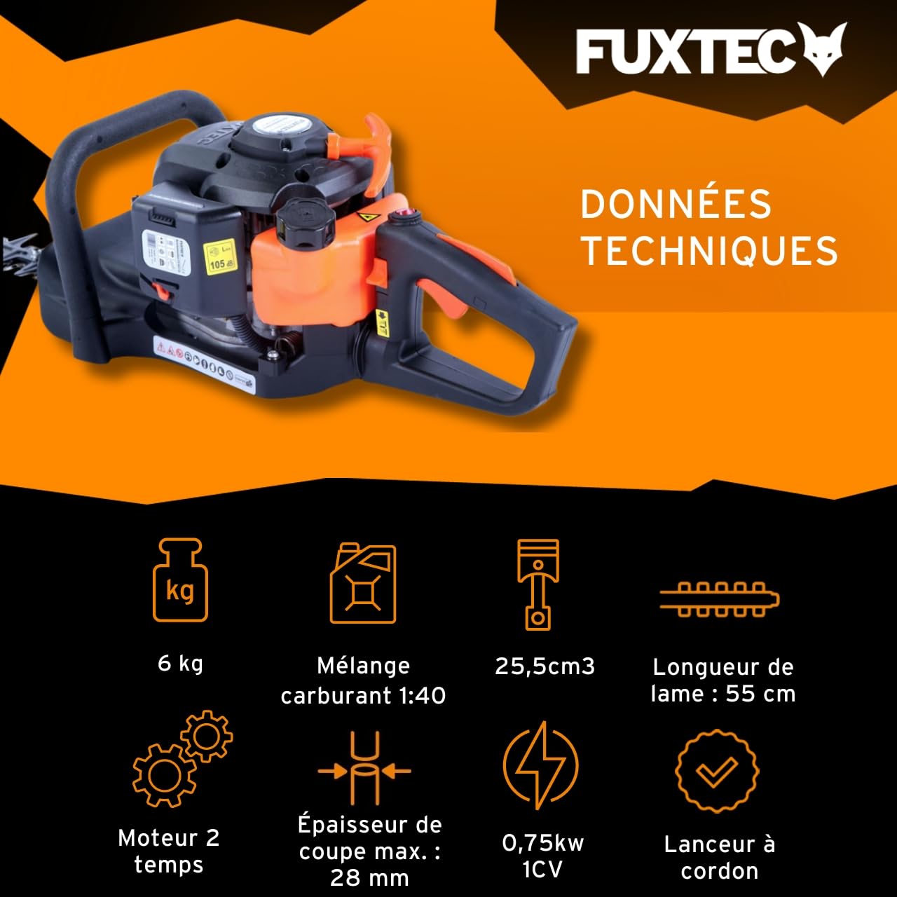 Taille-Haies Thermique FX-MH126 Lames asymétriques Guide Chaine 55 cm 25,5 cm3 6 kg