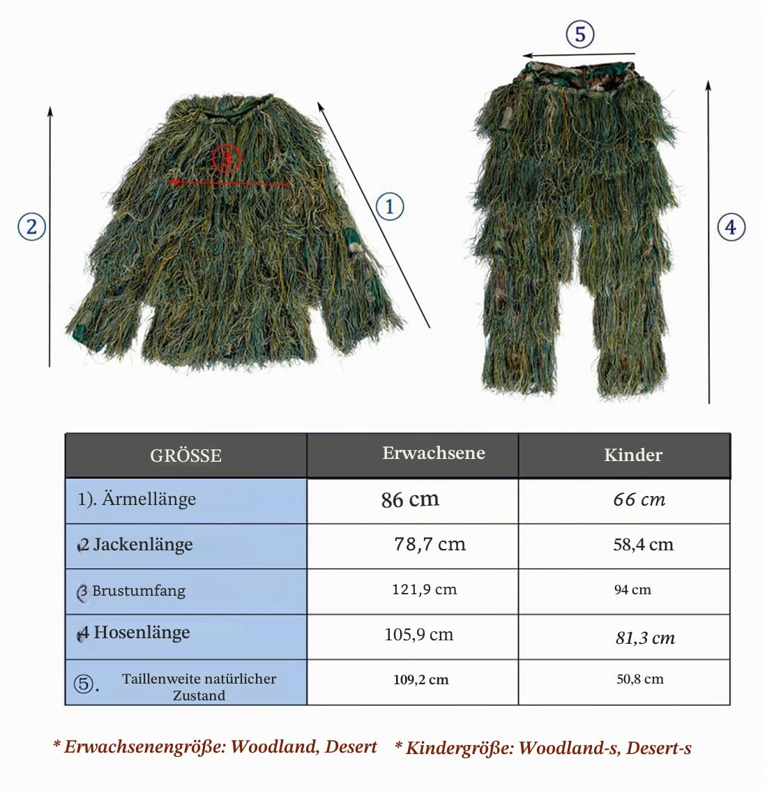 NINAT Ghillie Anzug Camo 3D Leafy Gear Dschungel Jagd Camouflage Kleidung 4-teilig + Tasche