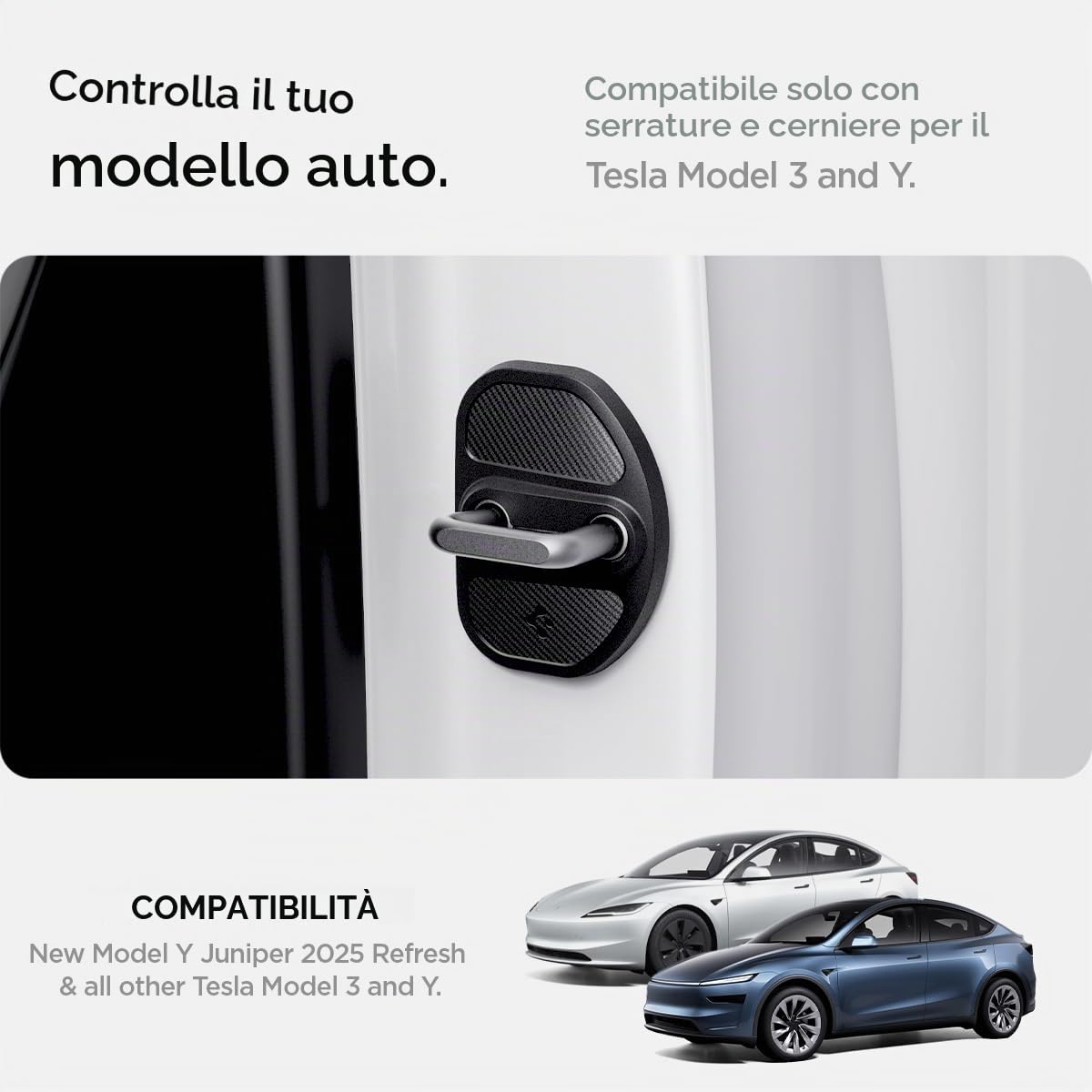 Spigen Tesla Model 3 (2017-2023) Model Y Juniper (2025 2026), Model Y (2020-2024) Coperture per Serratura e Cerniera delle Portiere, Accessori per Tesla - 4 Pezzi