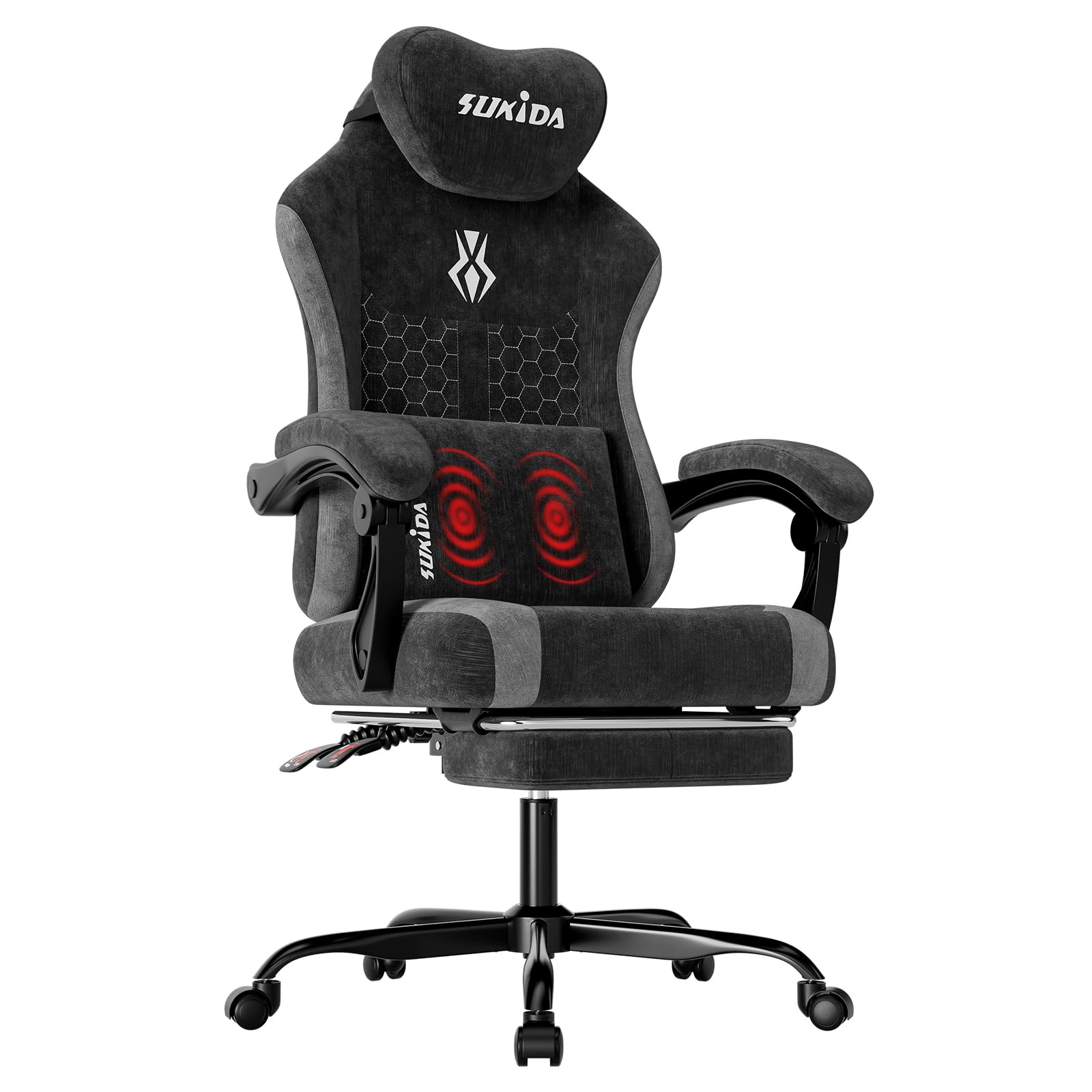 SUKIDA Fabric Video Gaming Chair, Ergonomic High-Back Computer Game Chairs with Large Massage Adjustable Lumbar Support, Headrest and Linked Armrests for Long Hours Sitting Task Chair, Black