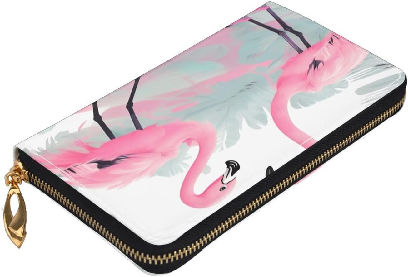 Pink Flamingo Long Zip Around Wallet for Women, Large Capacity RFID Leather Wristlet Wallet with 12 Card Slots Coin Purse, Fashion Clutch Purse with Wrist Strap