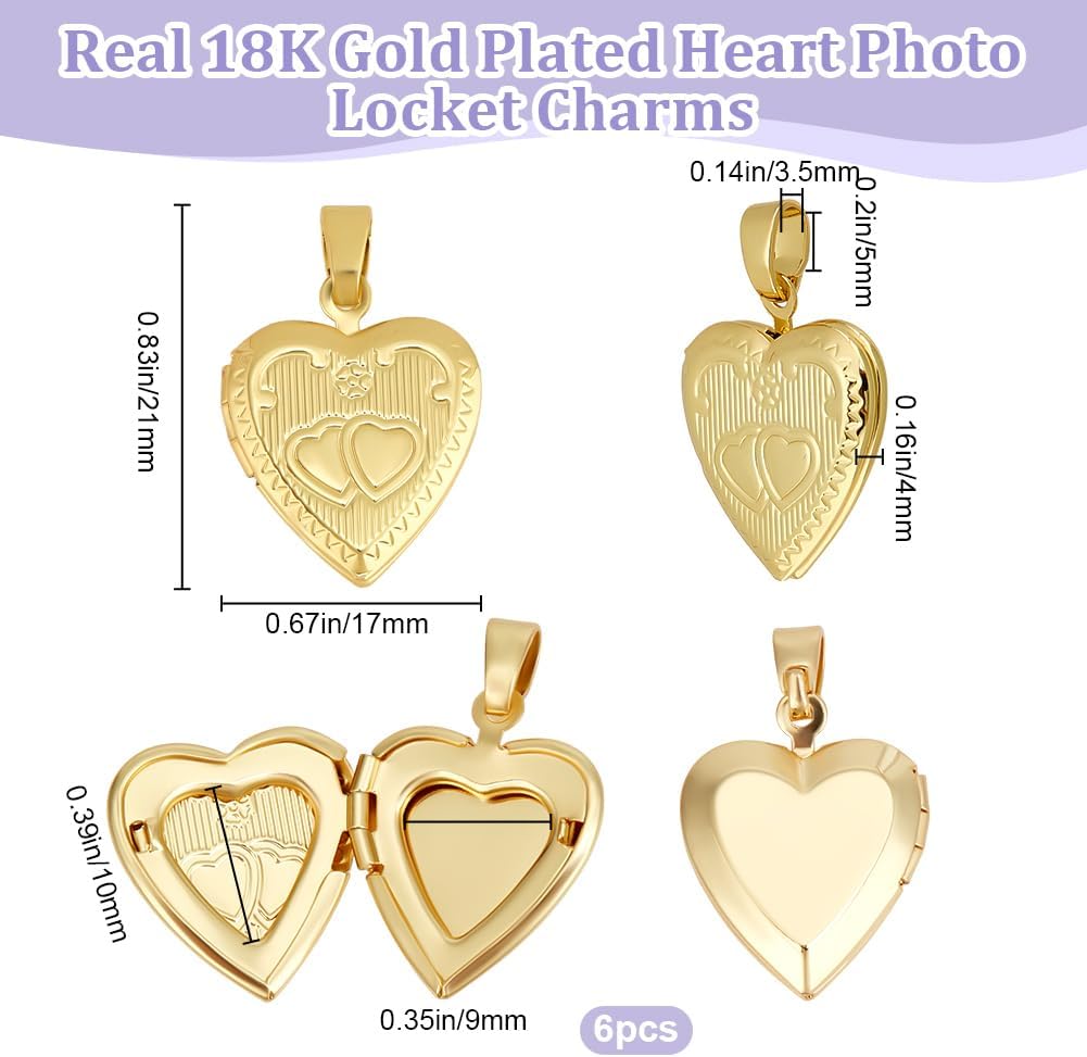 Beebeecraft 1 Box 6Pcs Gold Heart Locket Charms Real 18K Gold Plated Brass Openable Valentine's Day Photo Frame Memory Lockets Pendant Charm for Jewelry Making Charms Necklace Supplies DIY Craft