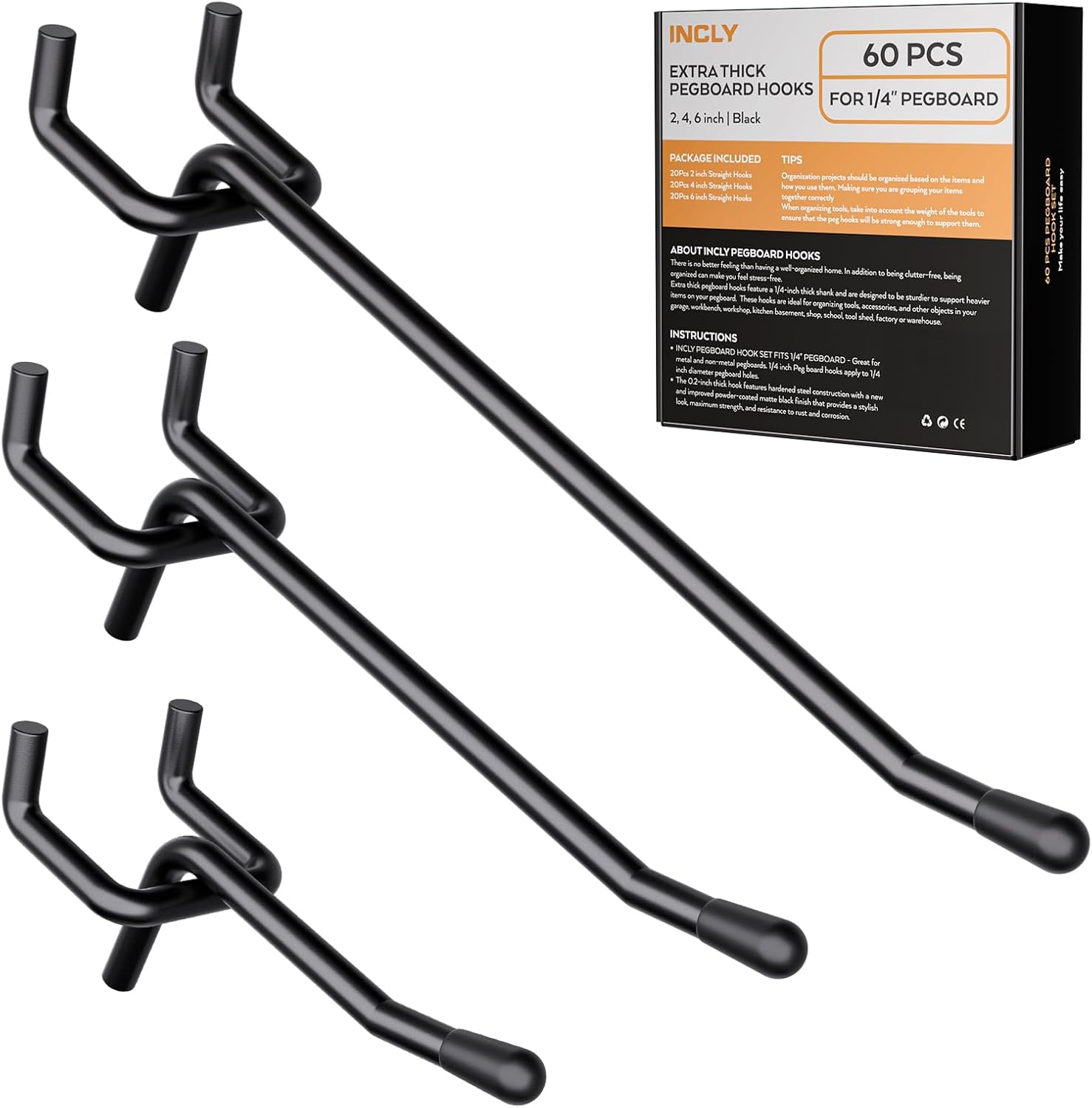 INCLY 60 Pack 2/4/6 Inch Black Pegboard Hooks