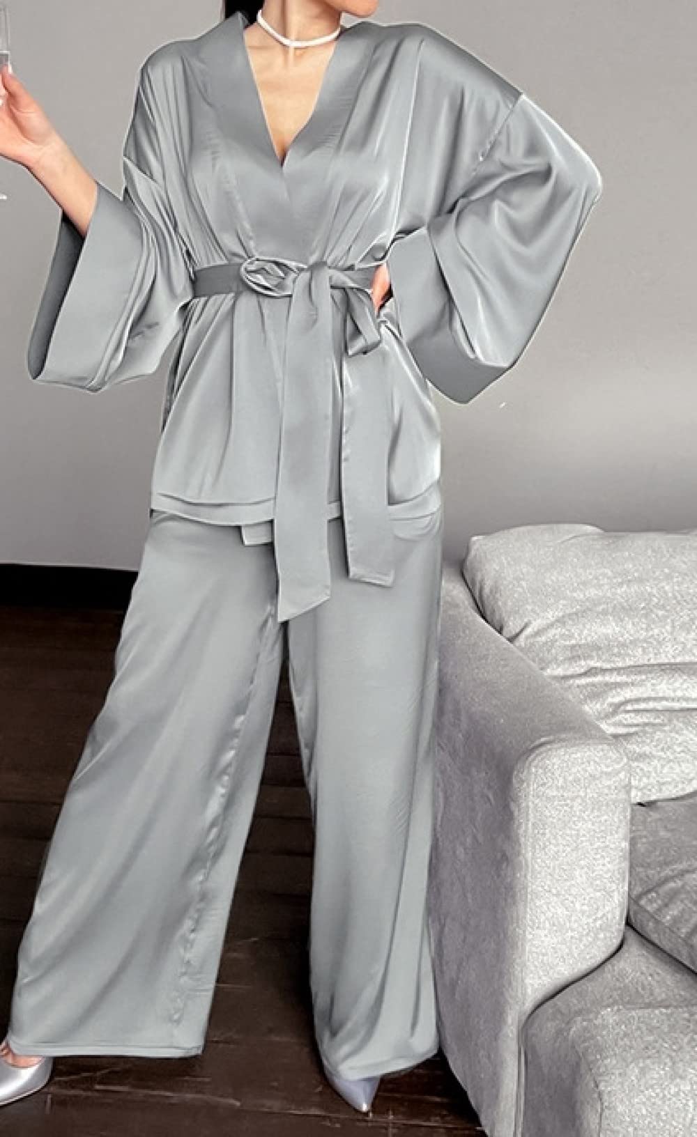 Ensembles De Pyjama Femme,Gris Cardigan À Lacets À Manches Longues Ensemble De Vêtements De Nuit Femmes Pyjama Deux Pièces Personnalité Douce Décontracté Loungewear Festival Cadeau pour Soeur