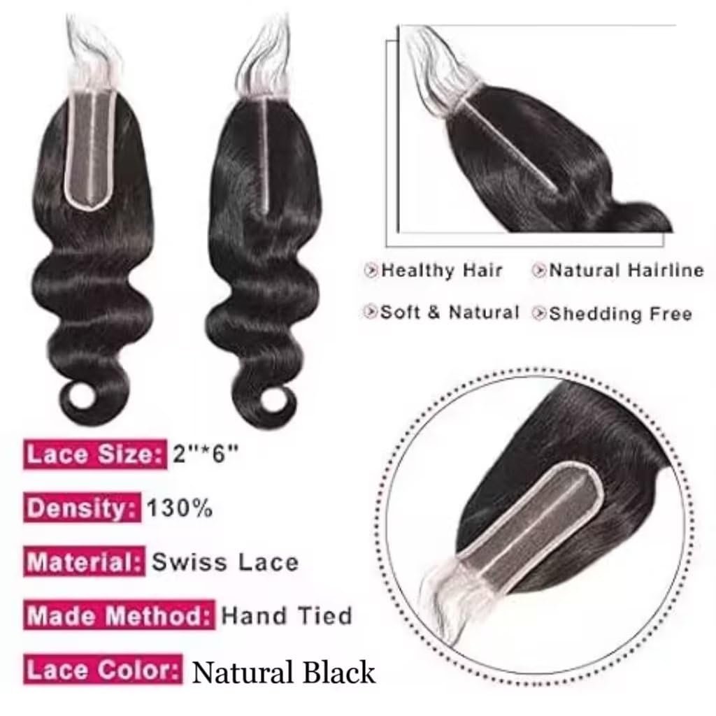 MYouan Middle Part 2x6 Transparent HD Lace Closure Body Wave Hair Closure Invisible Lace 12A Brazilian Virgin Remy Human Hair Frontal Closure 100% Human Hair Pre Plucked Natural Black 20 Inch - Image 2