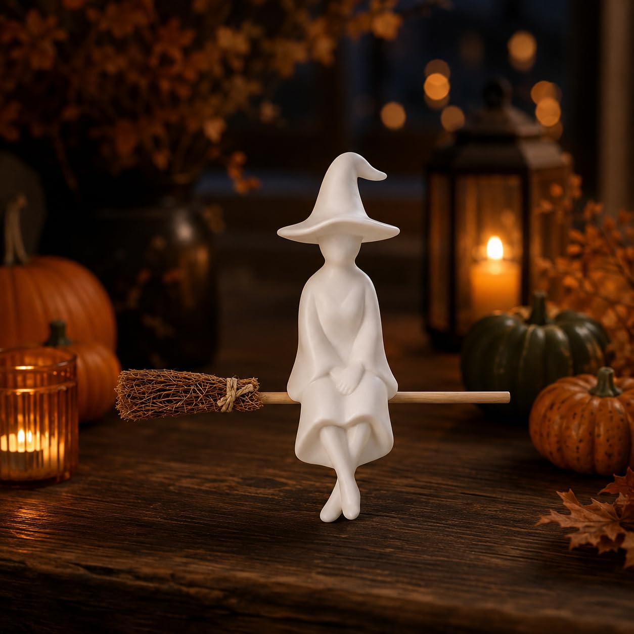 Carroterr White Witch Sitting on Broom Decor, Witch Figurine Shelf Sitter, Halloween Witch Decor for Fireplace Mantel Bookshelf Tiered Tray, Fall Halloween Tabletop Decorations for Home Shelf Mantel