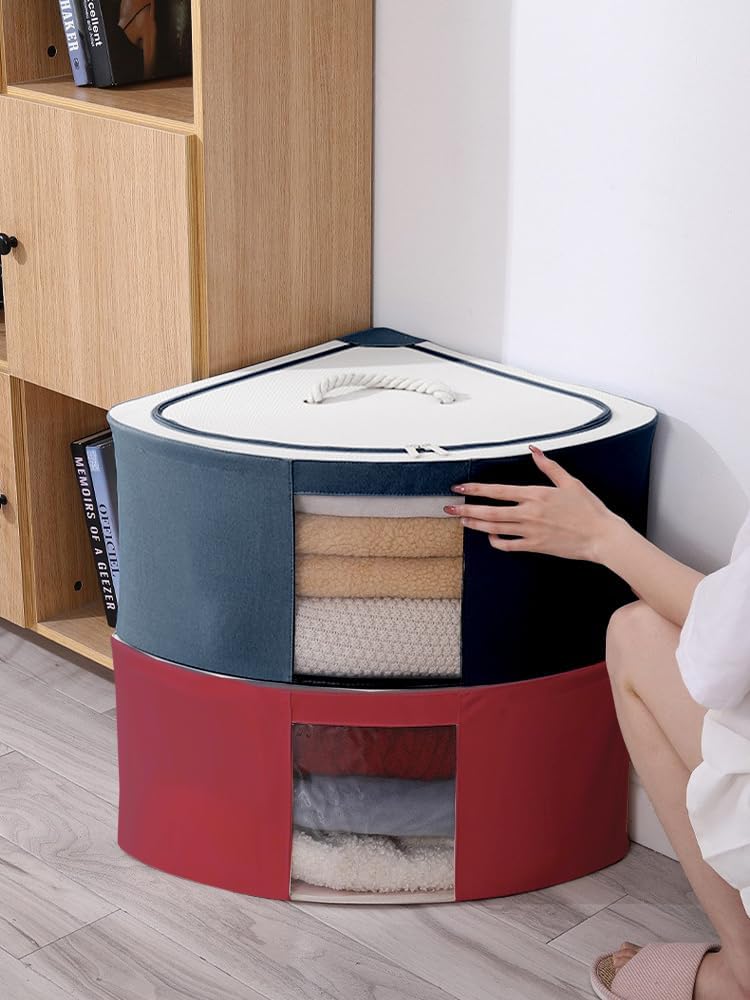 2PCS Oxford Cloth Fan Corner Storage Box,Foldable Storage Bins with Lid,Corner Fabric Storage Organizer,Space Saving Corner Storage Container for Closet Bedroom(Navy Blue-L)