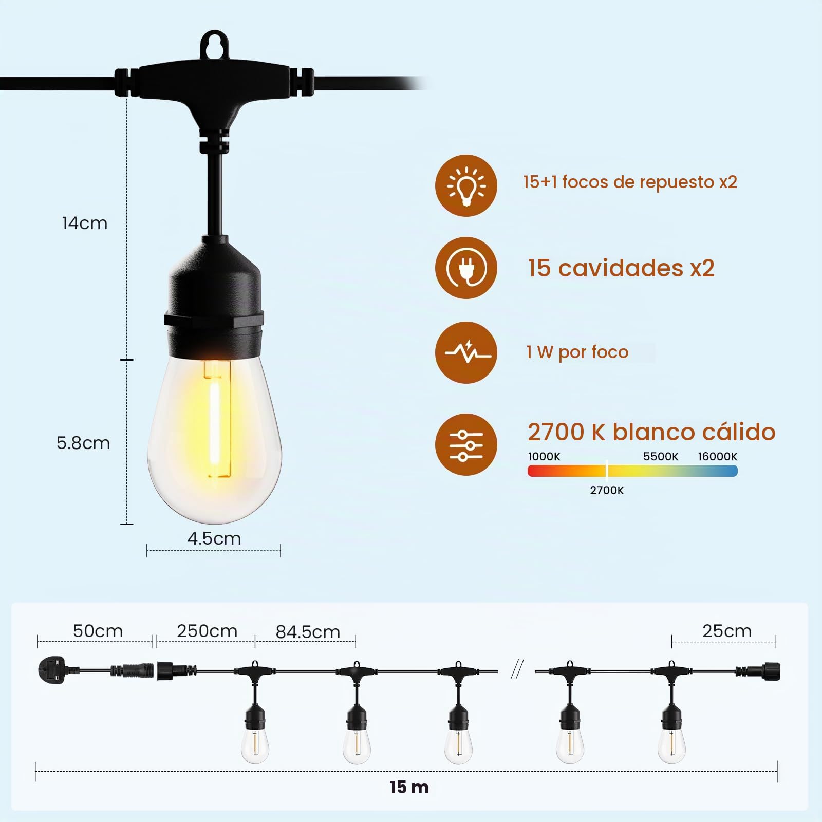 Guirnalda Exterior 30M S14 IP65,30+2 Bombillas Inastillables