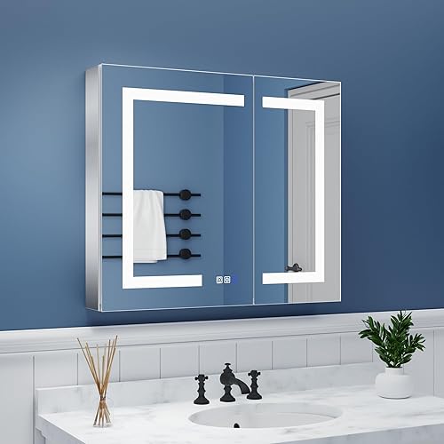 ExBrite Botiquín iluminado para baño 20 x 26 pulgadas gabinete de medicina empotrado o de superficie LED desempañamiento atenuación continua cambio