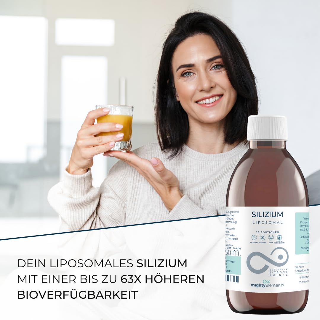 Mighty Elements Silicio liposomal de 200 mg, líquido, súper sabor, vegano, muy alta biodisponibilidad, botella de vidrio de 250 ml