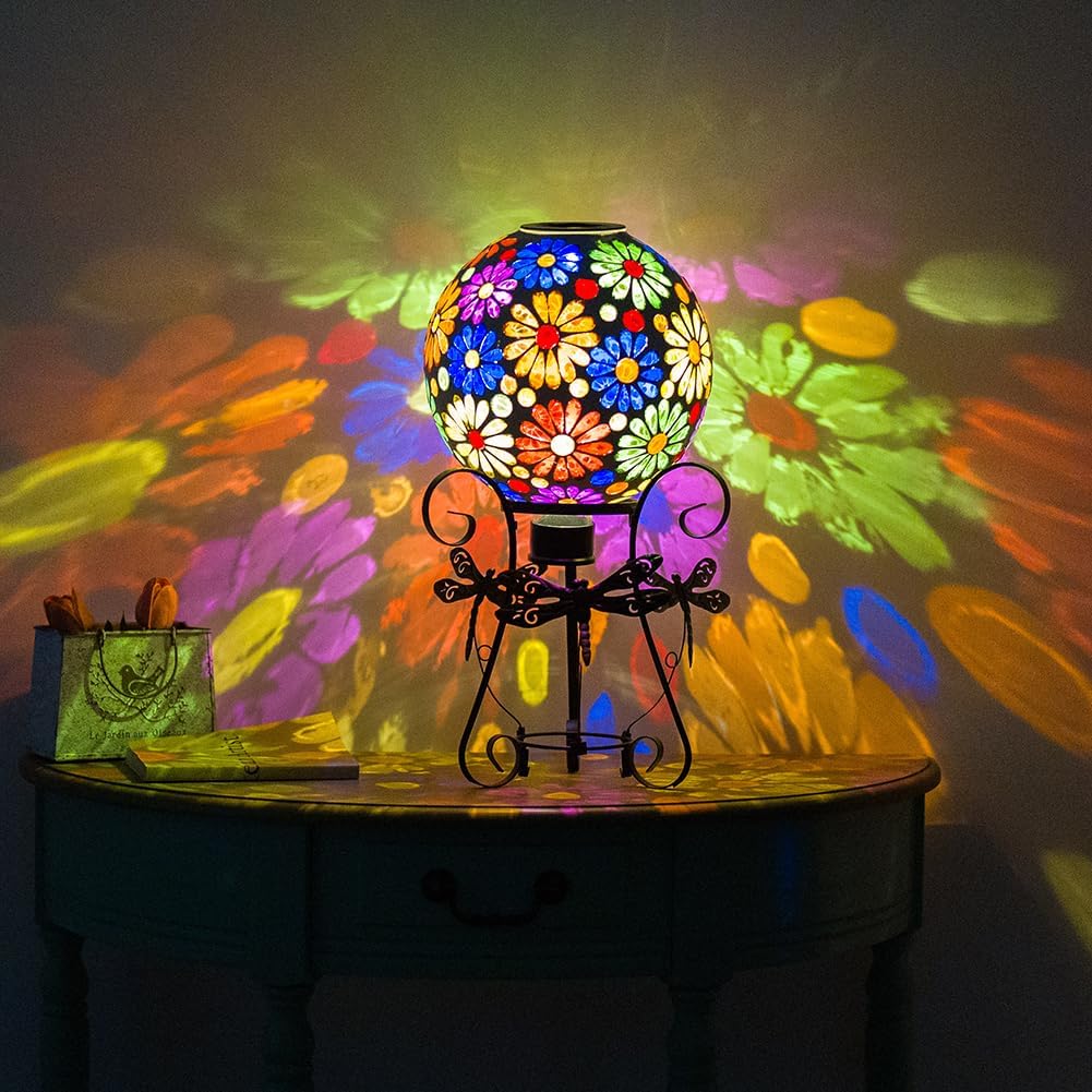 Starsoul Solar Gazing Ball, 10" Lighted Flowers Mosaic Gazing Balls with Stand, Glass Outdoor Garden Globe, Gazing Balls for Garden Lawn Yard Decor