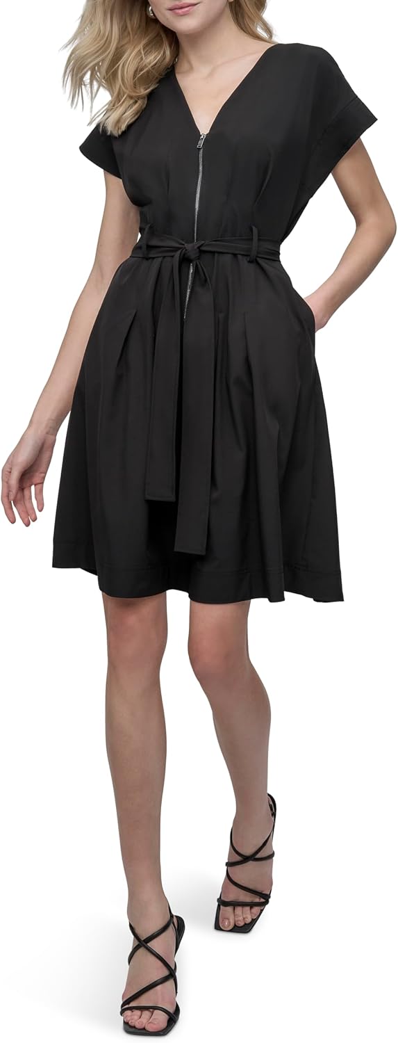 DKNY Womens Cap Sleeve V-Neck Belted Zipper Front Dress - Image 6