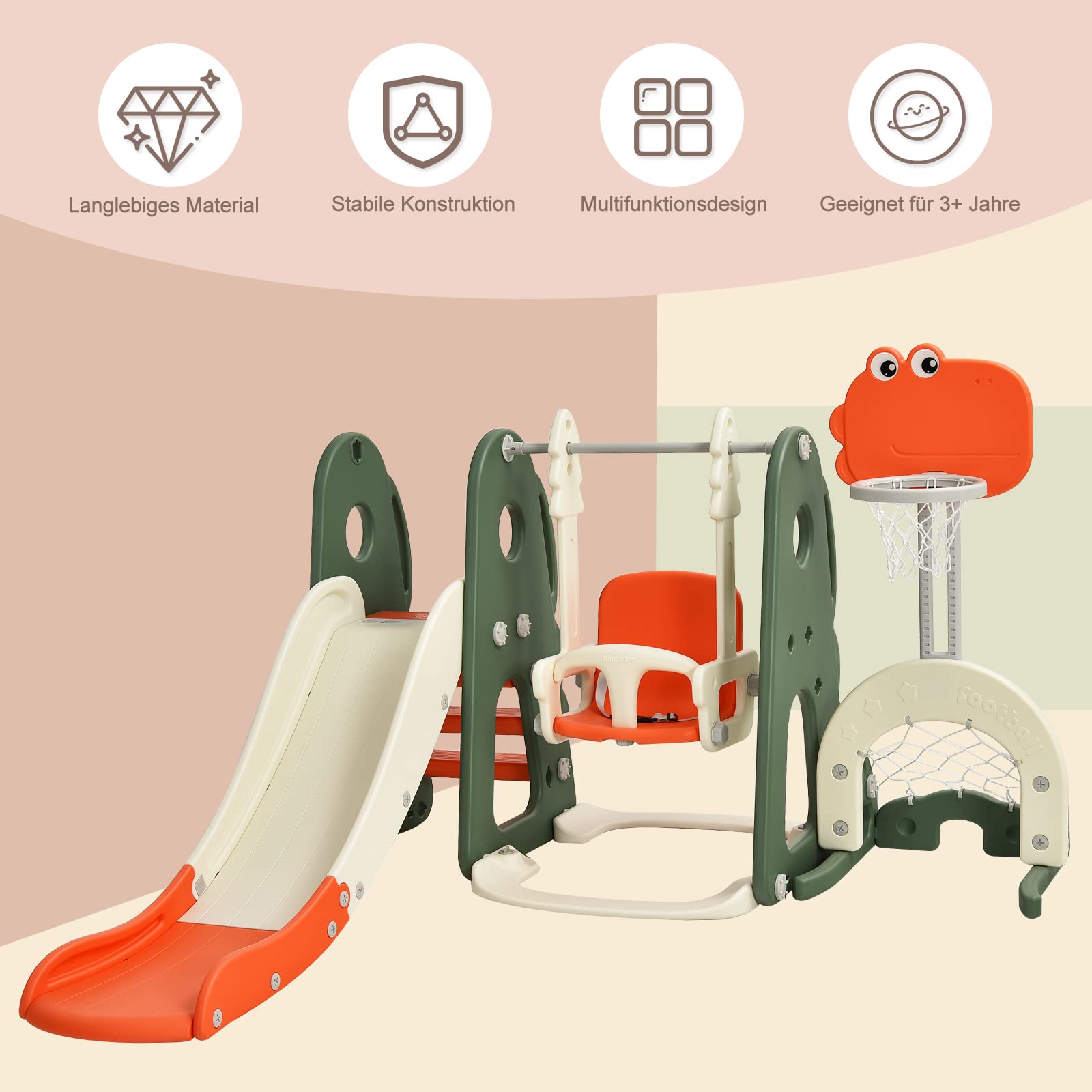 GOPLUS 6 in 1 Kinderrutsche mit Schaukel, Spielzeugrutsche mit Kletterleiter, Höhenverstellbarem Basketballkorb, Fußballtor & Golf, Indoor & Outdoor Spielplatz für Kinder von 3-8 Jahren (Orange)