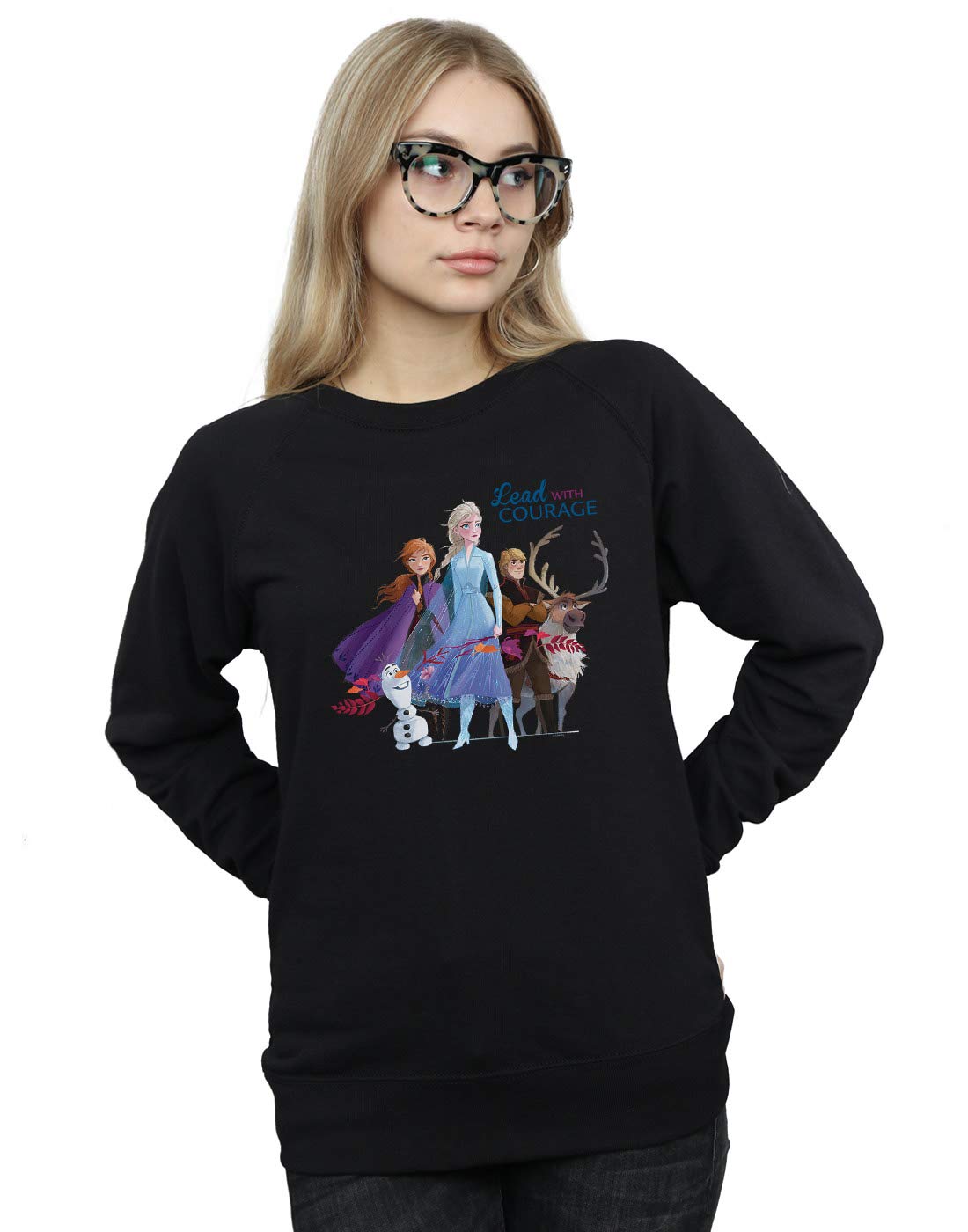 Official Licensed Disney Frozen 2 Lead With Courage Women's Sweatshirt - Soft Fleece Crew Neck Sweatshirt, Front Graphic Print, Warm Jumper, Fan Gift, Available in Multiple UK Sizes Black