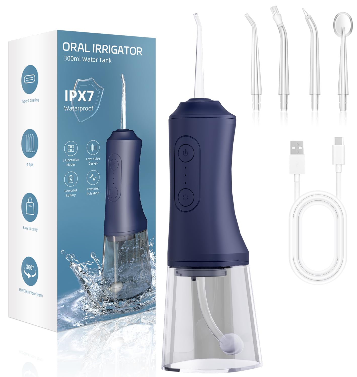 Water Dental Flosser - Portable Cordless Oral Irrigator 300ML, Rechargeable IPX7 Waterproof Irrigation Cleaner for Teeth Cleaning & Flossing, Travel & Home Use (mid Night Blue)
