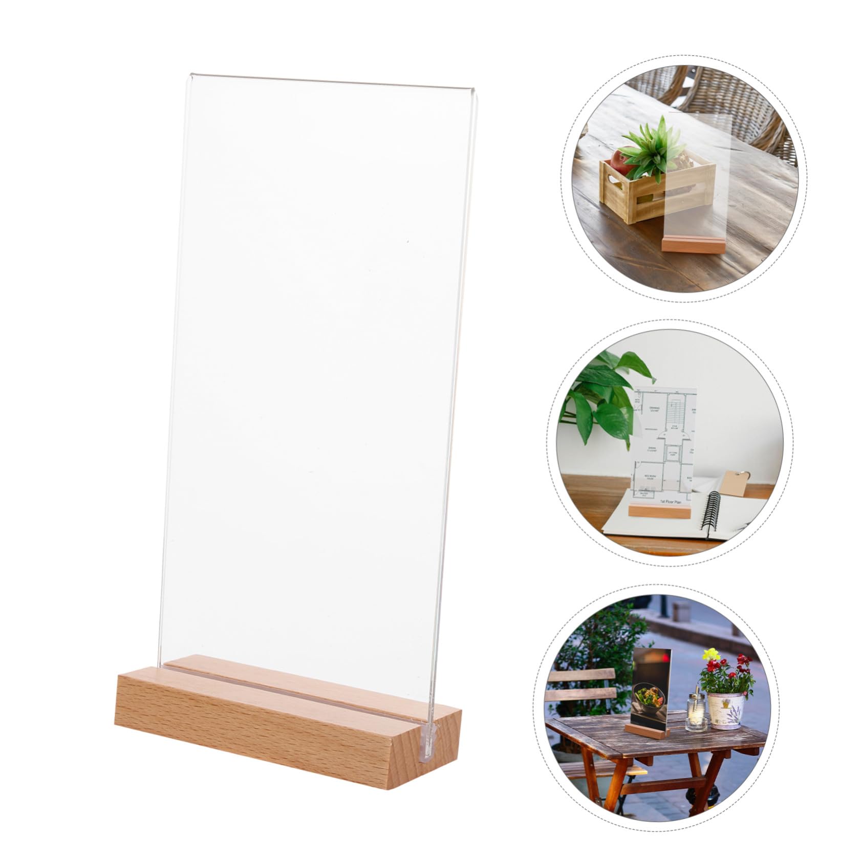 5 Piezas Soporte para Carteles Acrílico Transparente con Base Madera Exhibidor T Doble Cara para Menús Soporte Plástico para Publicidad Restaurantes Bodas y Tiendas de Unidades