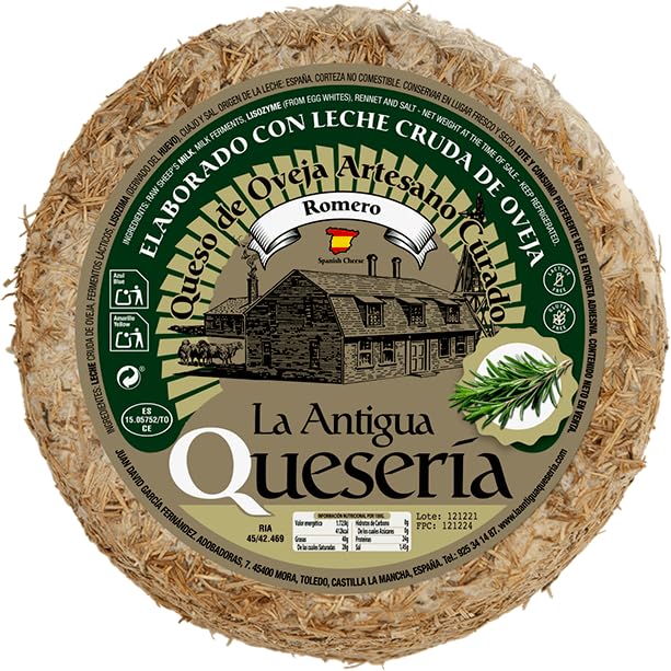 La Antigua Queseria Queso Artesano Curado con Romero, Leche Cruda de Oveja, Curación Mínima 6 Meses, Corteza con Manteca de Cerdo Ibérico, QUESO ENTERO, 3K (Aprox)