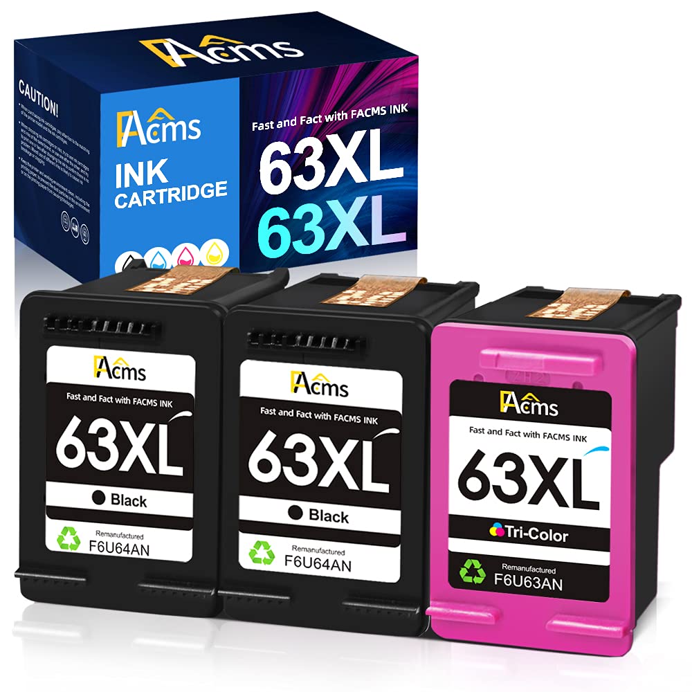 3 Pack 63XXL Ink Cartridges Balck and Color Combo Pack Replacement for HP 63XL 63 XL Ink Cartridges Work with Officejet 3830 4650 4652 4655 5200 5255 (2 Black,1 Tri-Color)