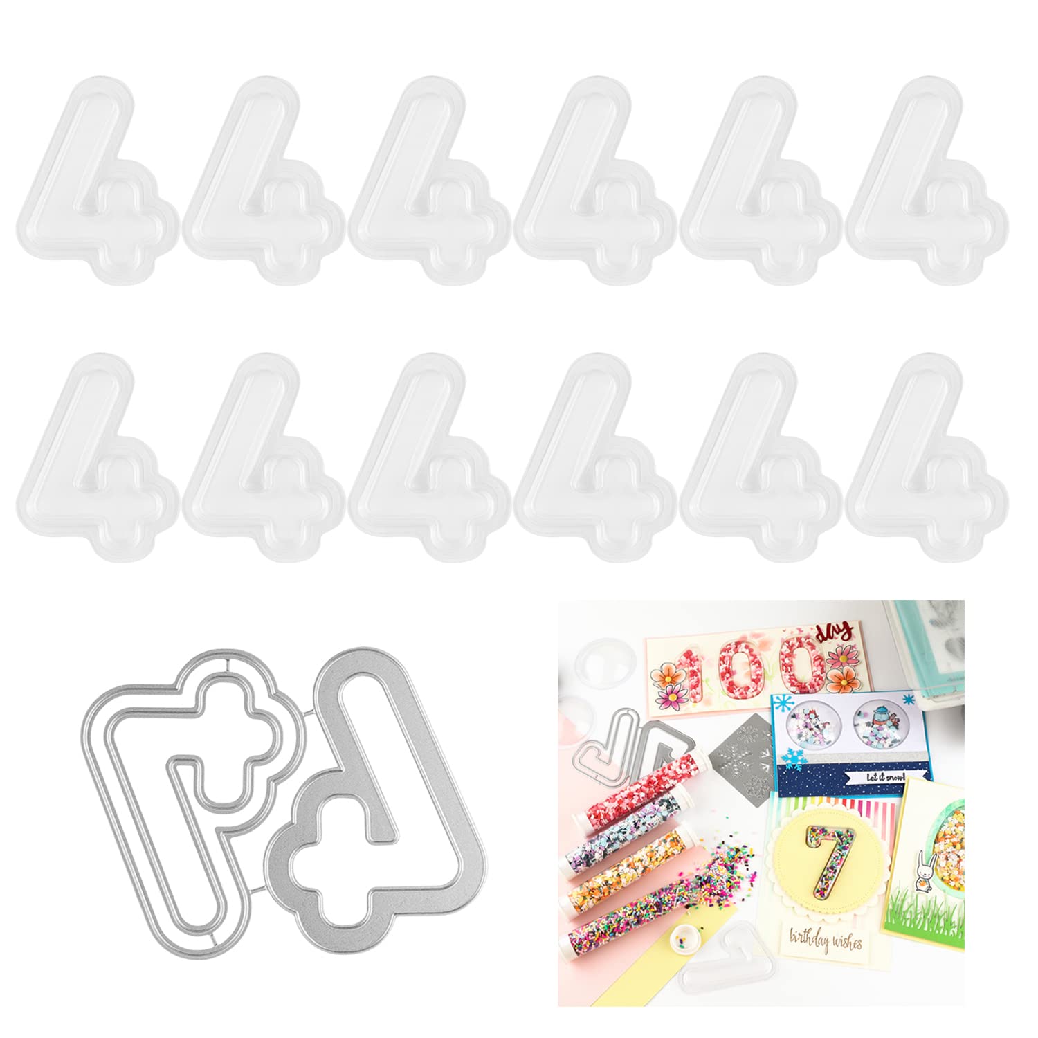 OTCRAFT 13Pcs 4 Number 3D Shaker Covers Blisters Domes and Die Set for Shaker Cards Making Puffy Shaker Covers to Add Dimension Shaker Card Making Handmade Crafts Clear Pouch Cover Scrapbooking Tool โ image 1