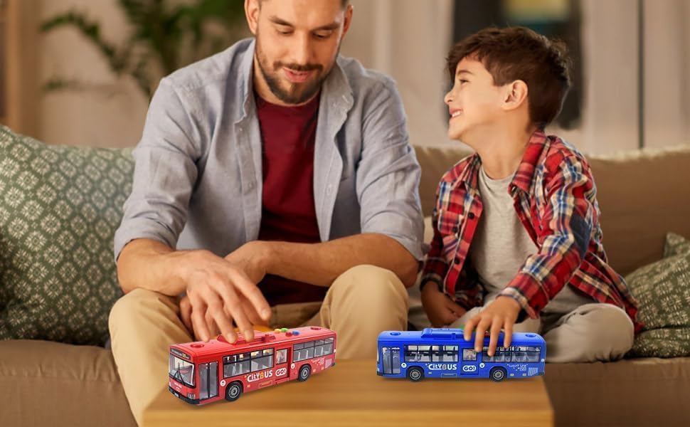 Bus Toy for Boys and Girls Ages 1 and Up - with Lights and Sounds, Realistic Tires, Simulated Functional Doors, Friction-Powered Movement, Red