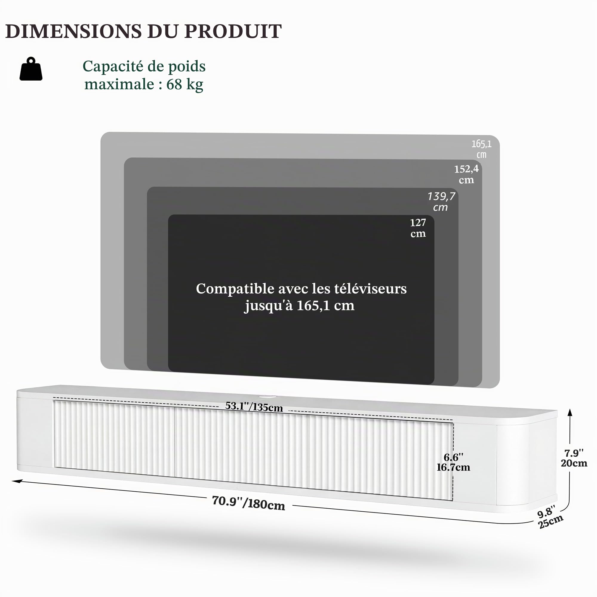 YITAHOME Meuble TV Flottant de 180 cm, étagères murales avec lumière LED RVB, Console multimédia TV Blanche Brillante, Grand Espace de Rangement pour Salon et Chambre à Coucher