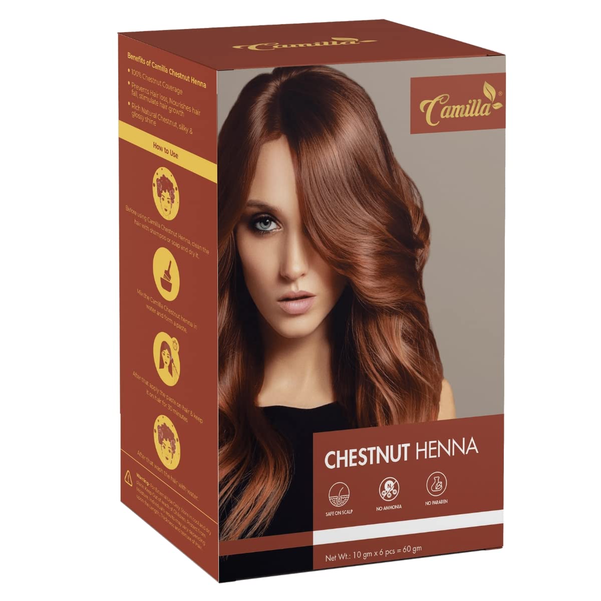 Hair Color Powder – Chestnut | Henna-Based Natural Hair Dye for Women & Men | Chemical-Free Ayurvedic Hair Color | Net Wt. 60g (10g x 6 Sachets)