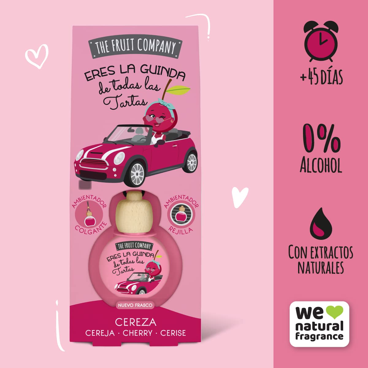 Pack de 3 Ambientadores Coche 2en1 The Fruit Company | Aroma Frutal, Absorbe Olores, Sin Alcohol, Extractos Naturales | Rejilla o Colgante | Larga Duración +45 Días (CEREZA)