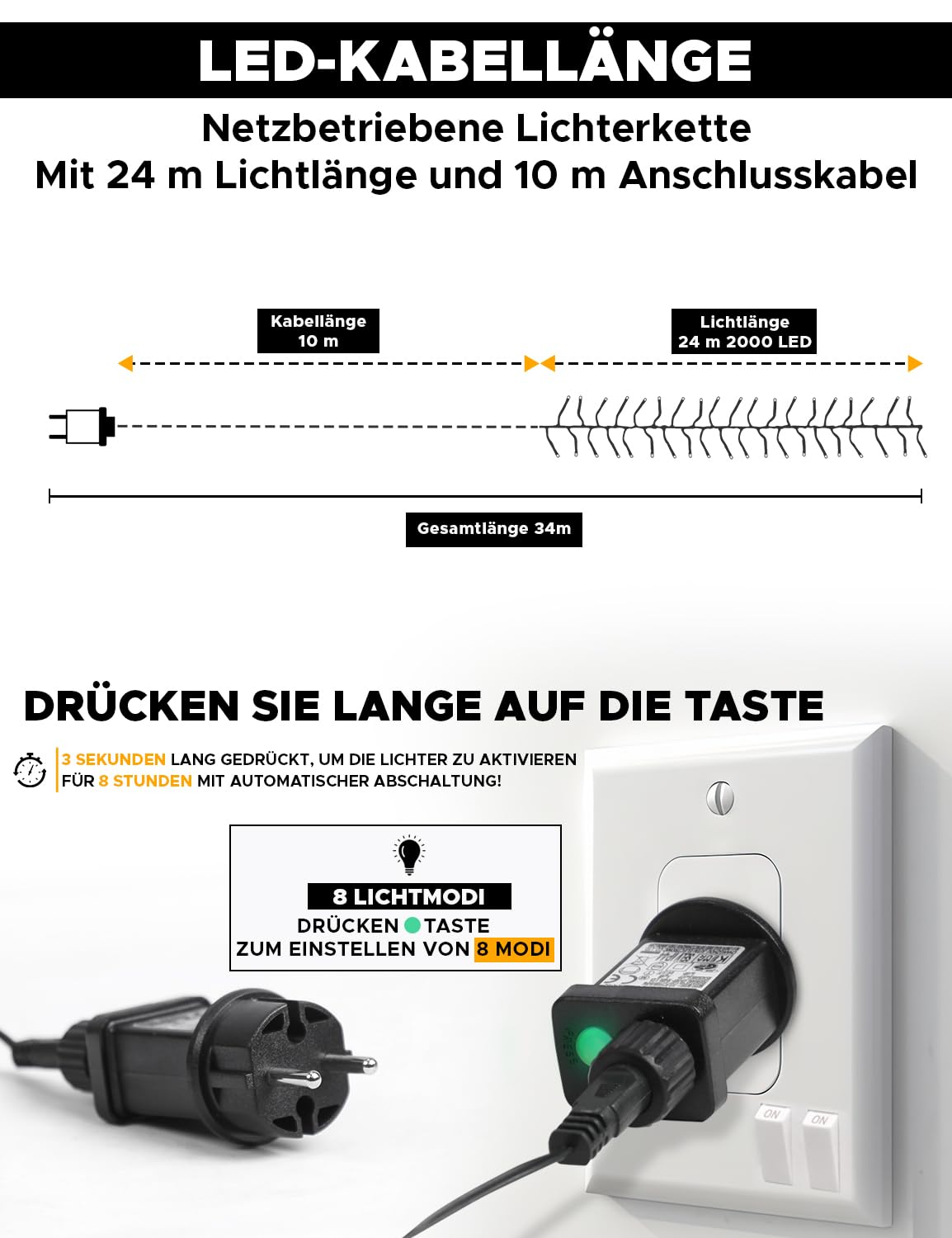 EcoNour Cluster-Lichterkette mit 2000 LEDs – 6 Stunden Leuchtdauer, 8 Lichtmodi, Netzanschluss, wasserdicht, für den Innen- und Außenbereich – 2000 LEDs / 25 m Leuchtlänge, Warmweiß