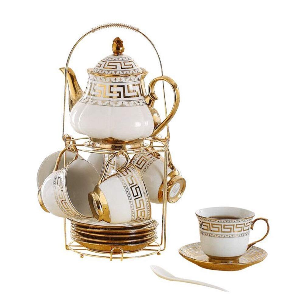 Juego de Taza de té y café de Estilo Europeo, Juego de Taza de té de cerámica Que Incluye 6 Hermosas Tazas de té y cucharas con 1 Soporte de Tetera de Metal.