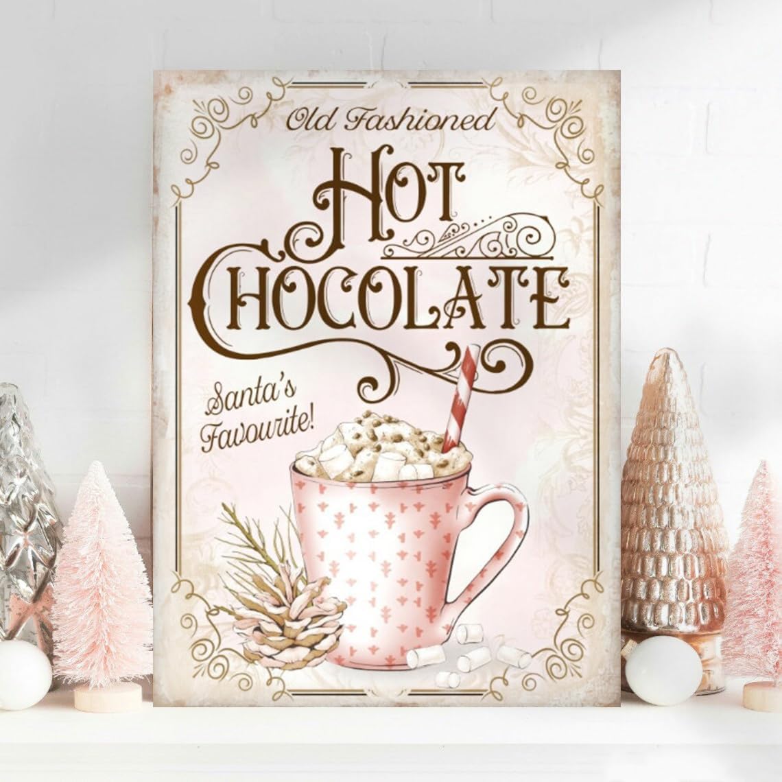 Yunking A10 Metal Tin Signs Hot Chocolate Sign Pink Christmas Cocoa Holiday Poster Blush Pink For Home Bar Kitchen Restaurant Plaque 8X12 Inch