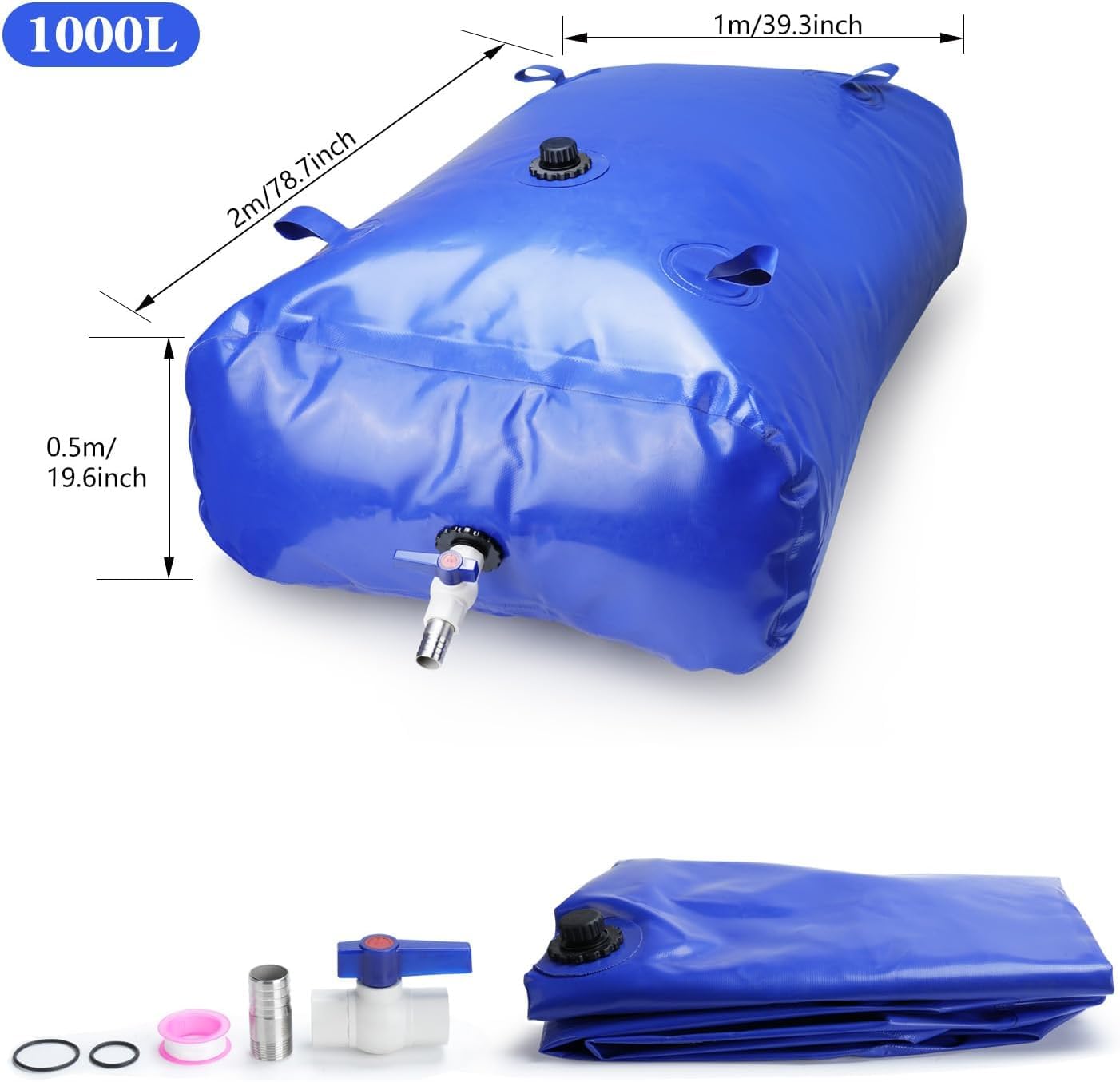 drado Wasserbehälter Tragbar 1000L Wassersack/Wasserspeicher Mit PVC Kugelhahn, Verdickt Faltbar, Anwendbar auf Flüssige Lagerung und Transport Garten Landwirtschaftlichen Notfall